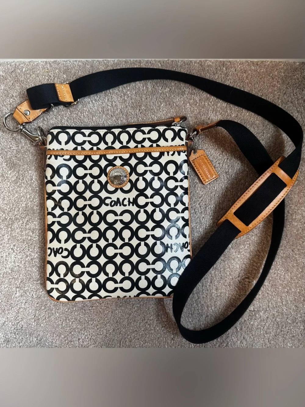 Coach Swingpack Op Art Black & Cream Signature Bag with Tan Leather Accents